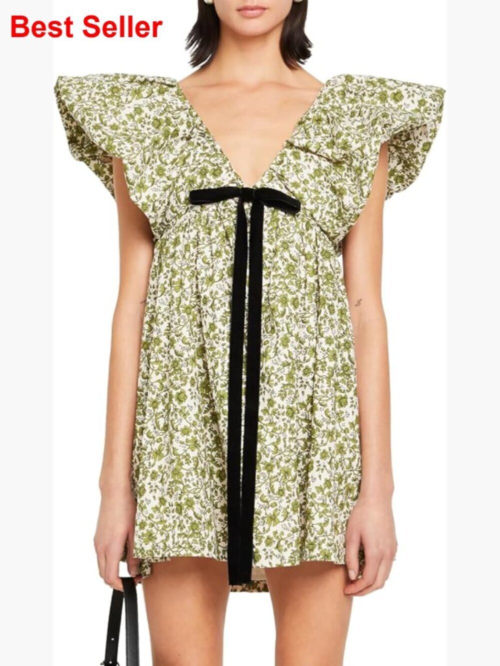 Floral Print Mini Dress with Puff Sleeves and Bow Detail